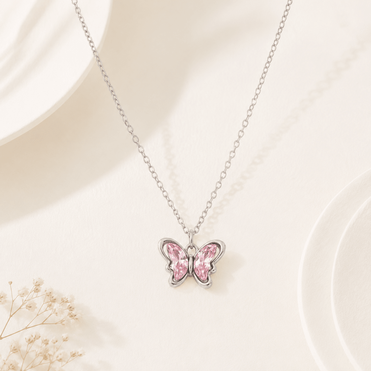 Pink Crystal Butterfly Necklace | Silver CZ Pendant for Women - Pettlez Jewellery