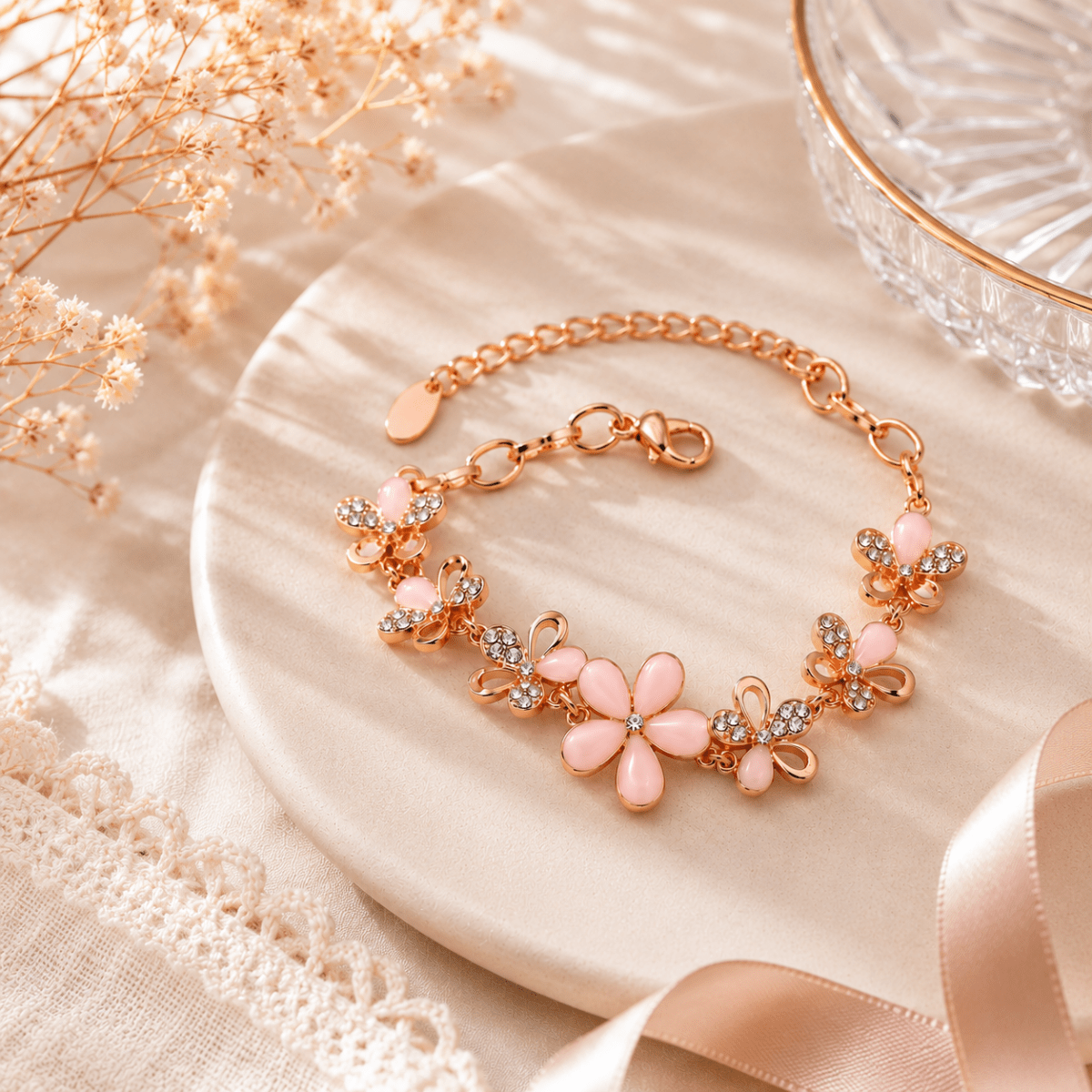 Pink Floral Charm Bracelet | Rose Gold Flower Crystal Bracelet for Women - Pettlez Jewellery
