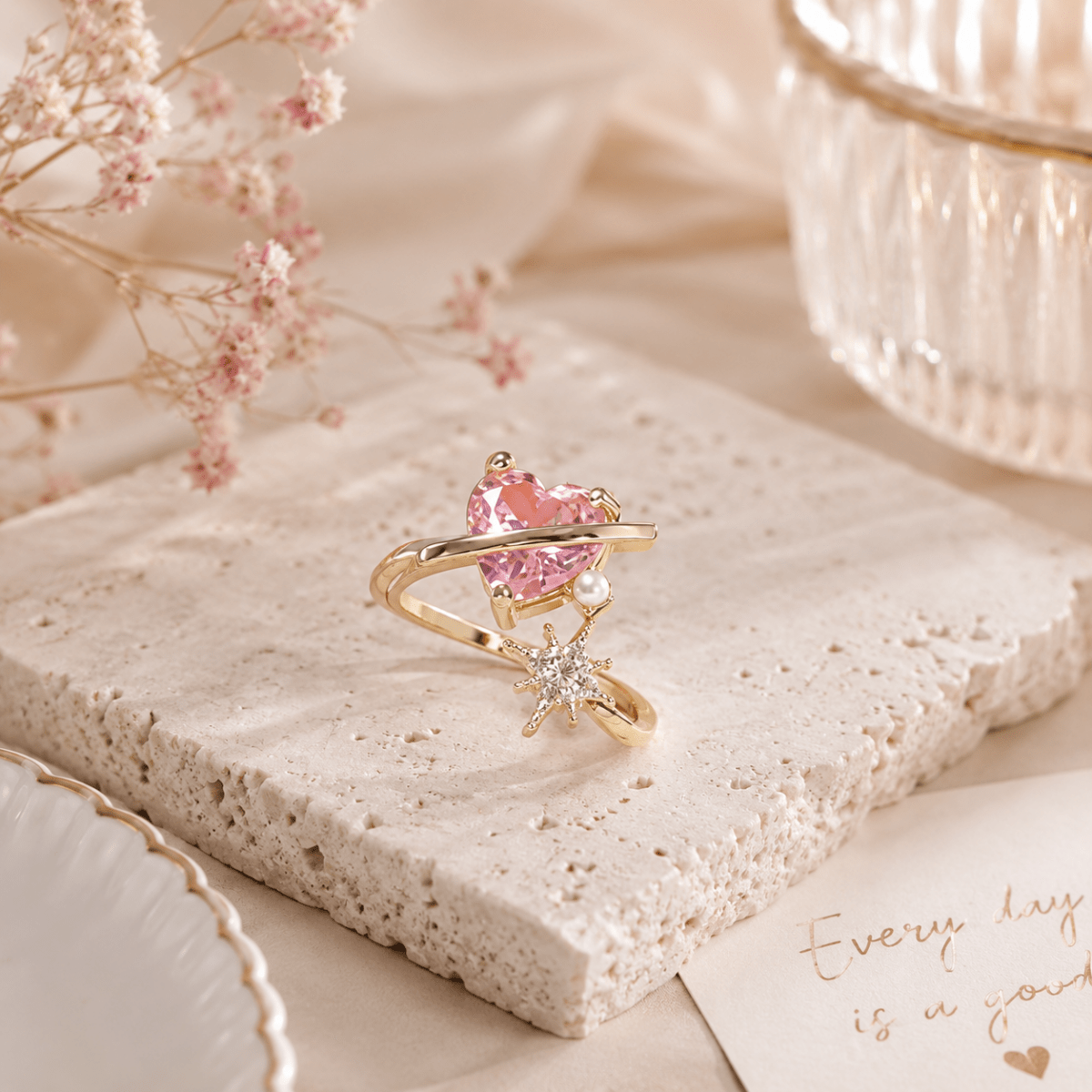 Pink Heart Star Ring | Gold Plated Celestial Ring for Women - Pettlez Jewellery