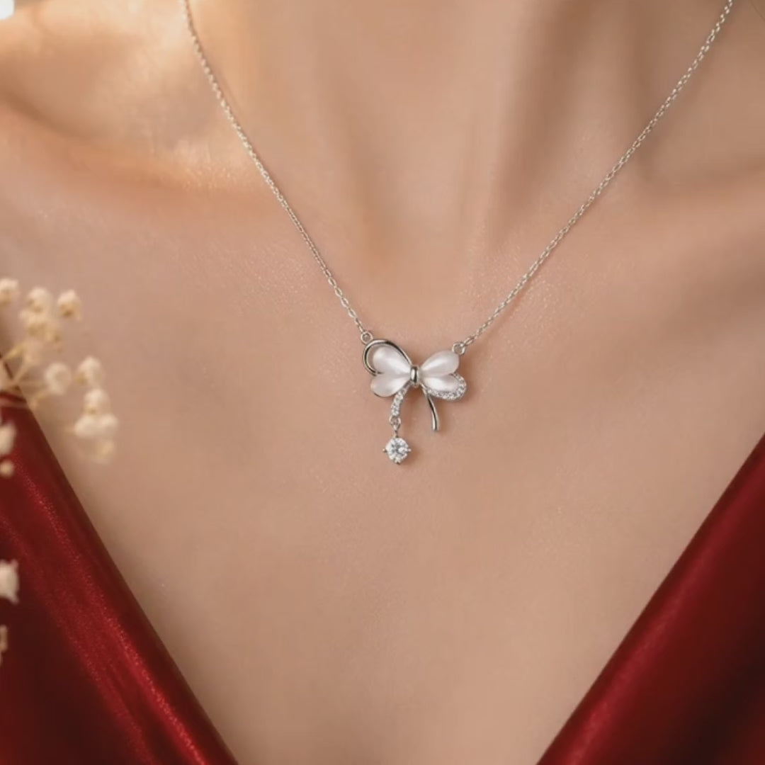 Pearl Bow Pendant Necklace | Silver CZ Drop Necklace for Women