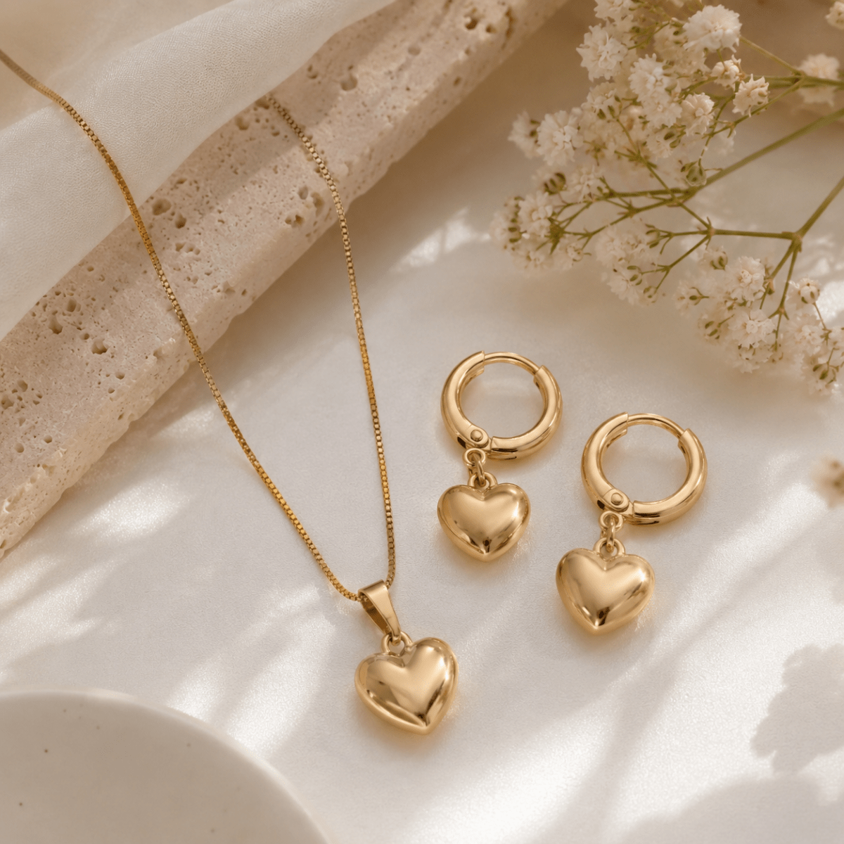 Puffy Heart Necklace and Earrings Set | Gold Plated Jewellery Set - Pettlez Jewellery