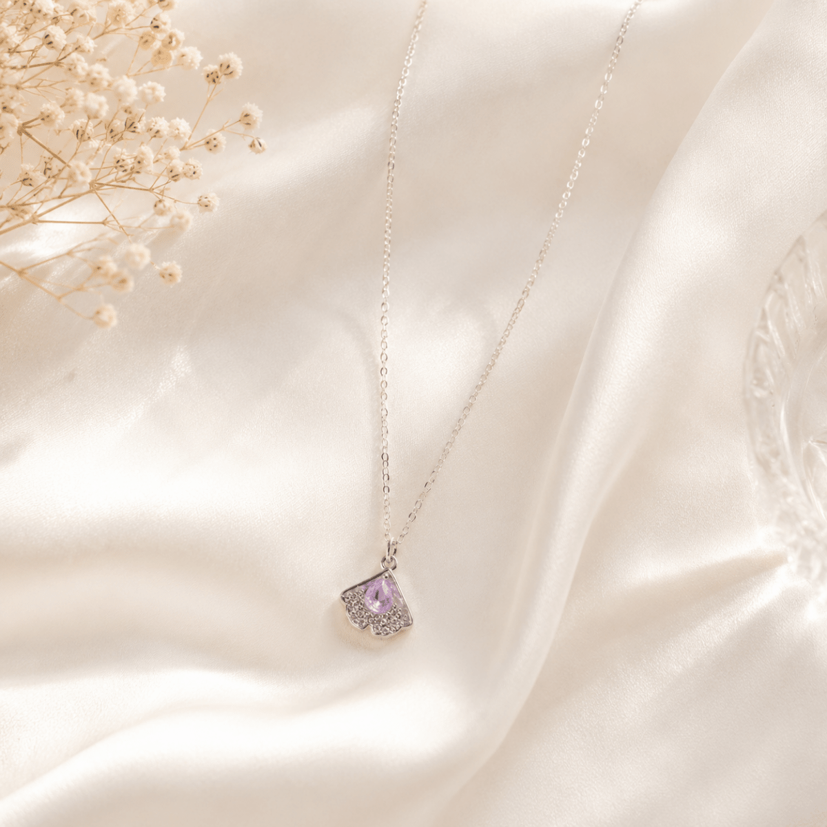 Purple Crystal Ginkgo Leaf Necklace | Silver CZ Pendant for Women - Pettlez Jewellery