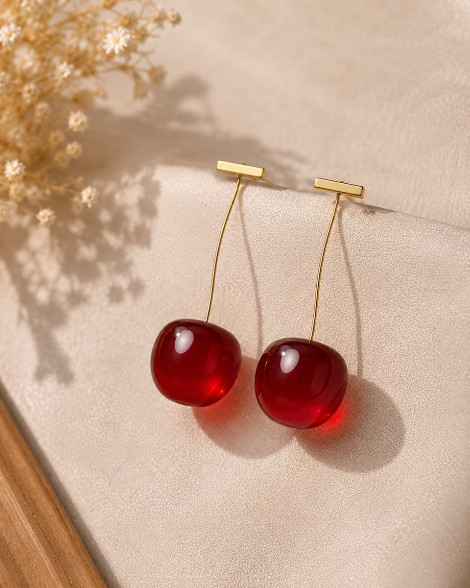 Red Cherry Drop Earrings | Gold Plated Fun Statement Earrings for Women - Pettlez Jewellery