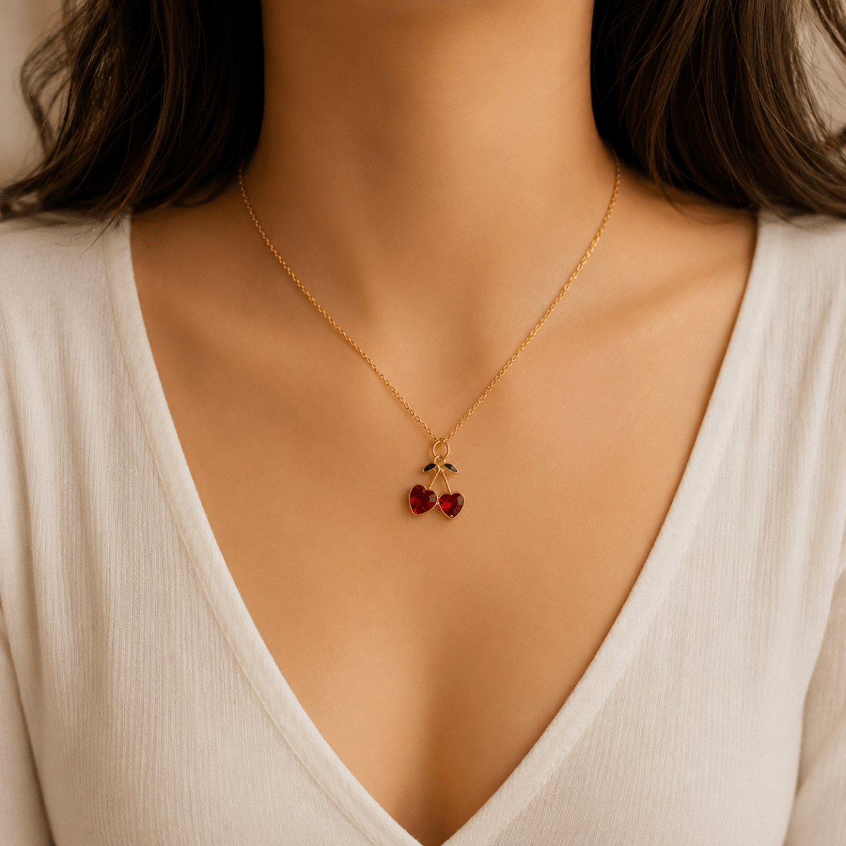 Red Crystal Cherry Necklace | Gold Heart Fruit Pendant for Women - Pettlez Jewellery
