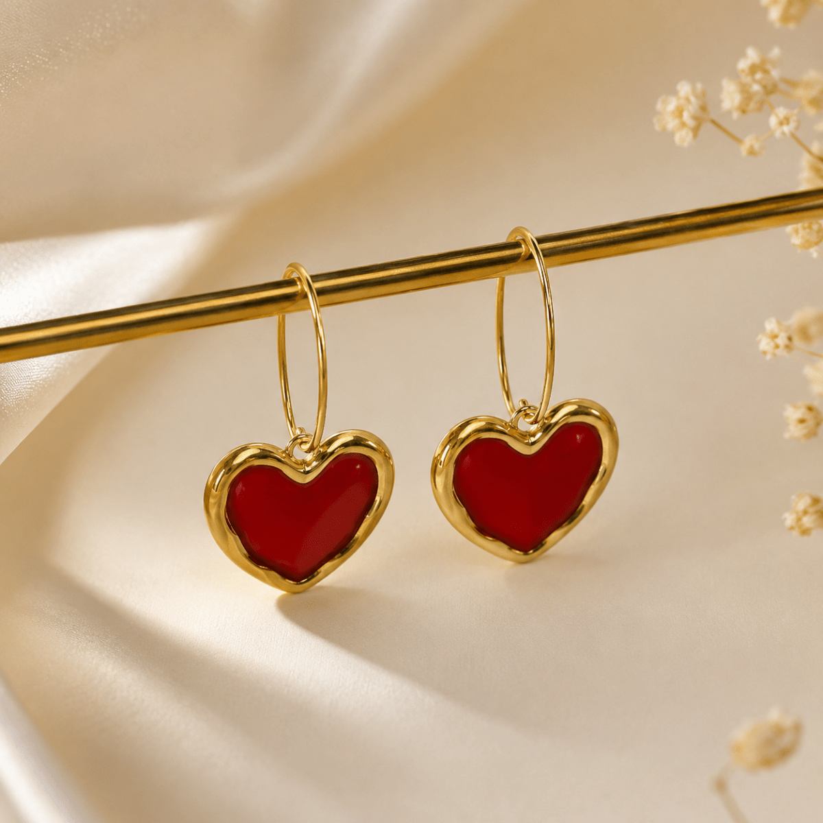 Red Heart Hoop Earrings | Gold Plated Enamel Charm Hoops for Women - Pettlez Jewellery