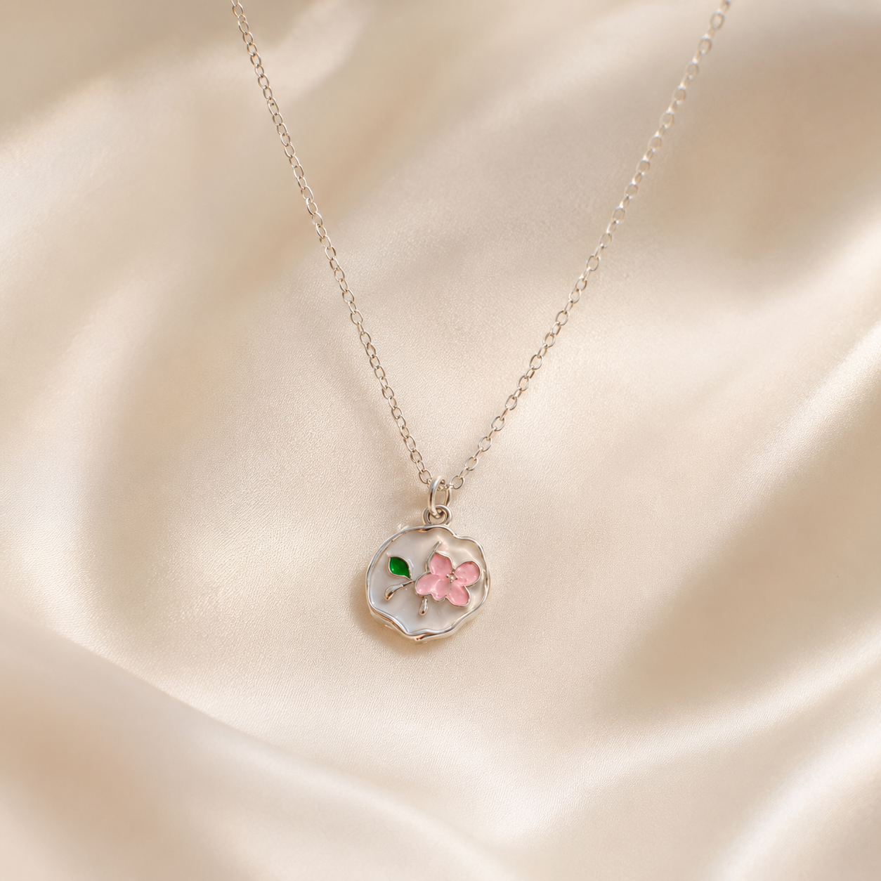 Cherry Blossom Coin Pendant Necklace | Silver Enamel Flower Charm