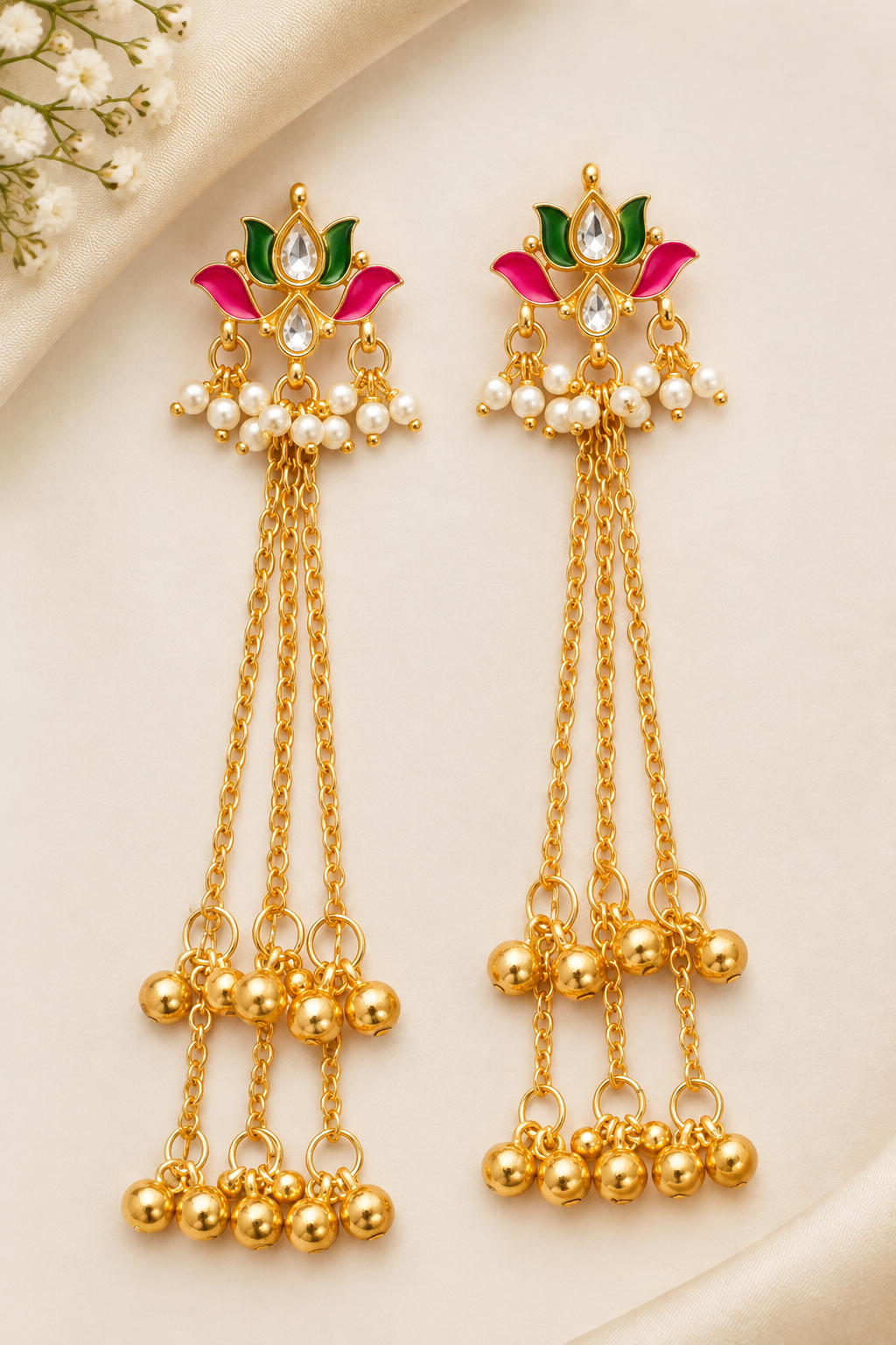 Gold Meenakari Lotus Pearl Layered Tassel Earrings