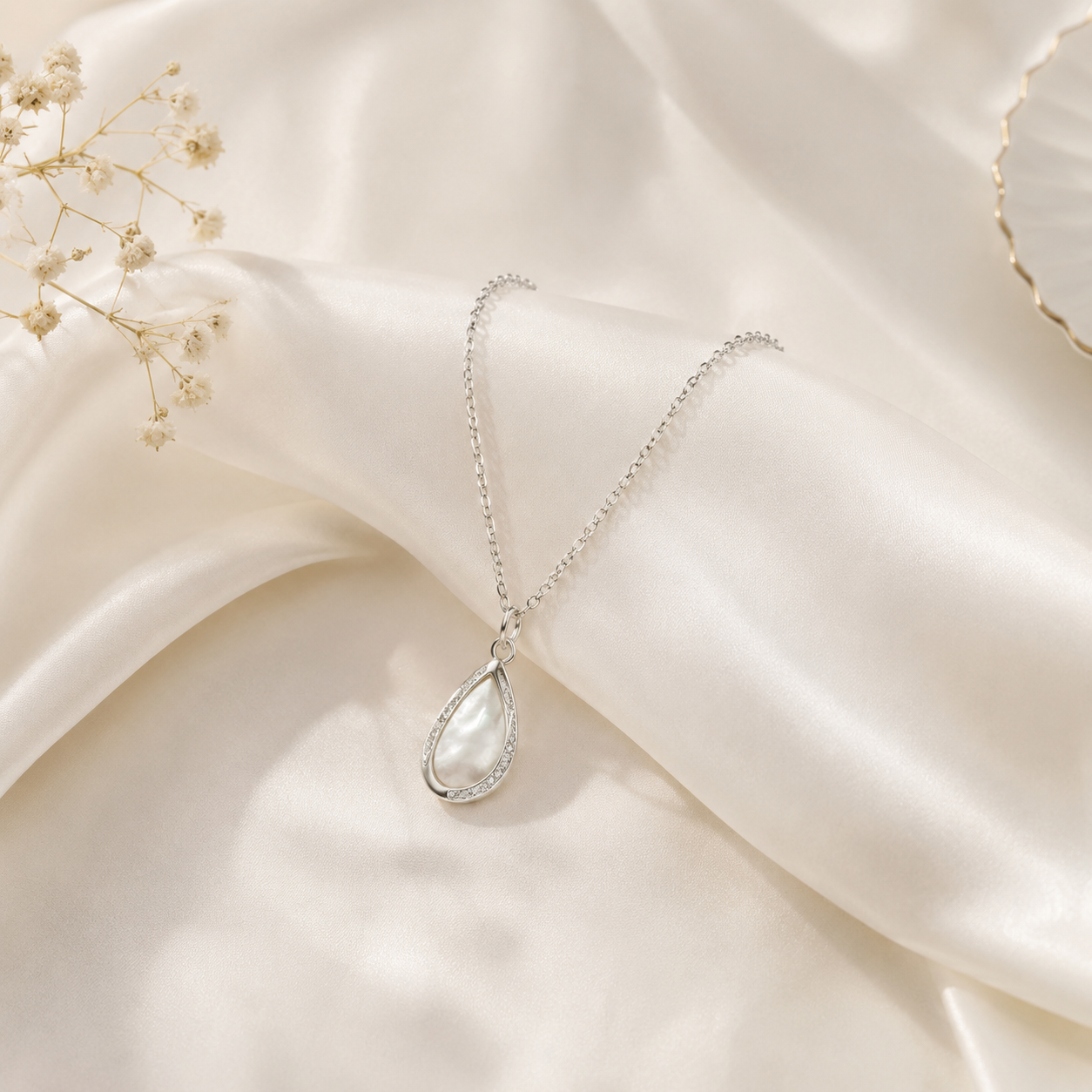 Mother of Pearl Teardrop Necklace | Silver CZ Pendant for Women