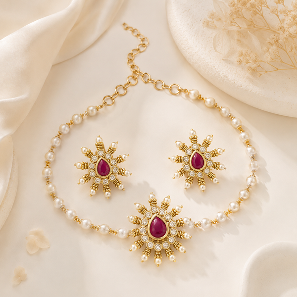 Antique Gold Ruby Starburst Pearl Necklace Set