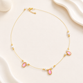 Gold Pink Floral Stone Pearl Station Wire Necklace