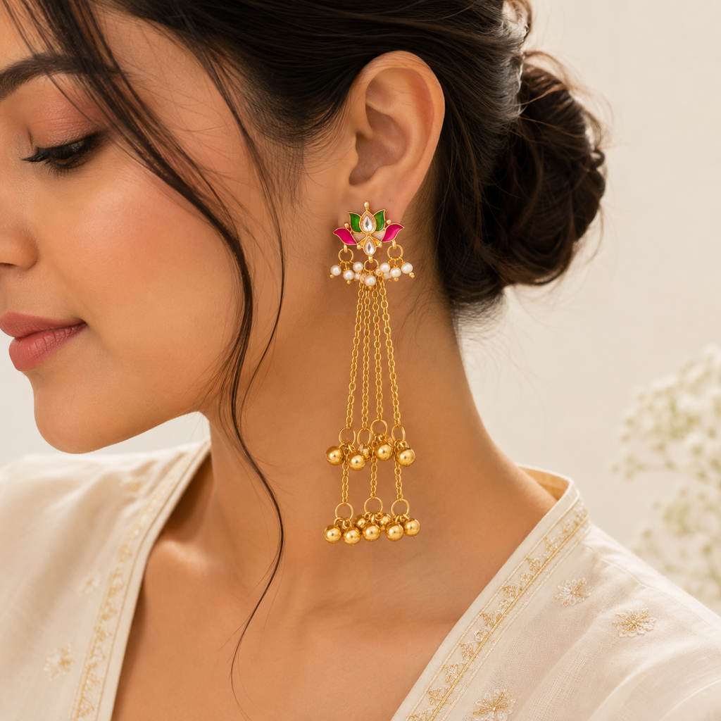 Gold Meenakari Lotus Pearl Layered Tassel Earrings