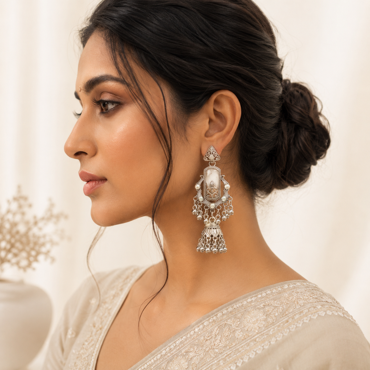 Oxidised Silver Jhumka Earrings with Stone and Pearl Drops