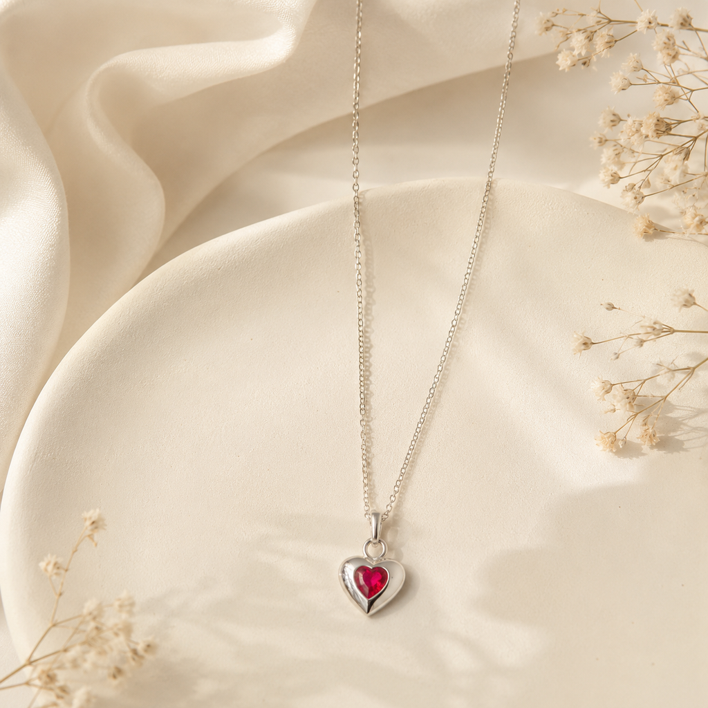 Birthstone Heart Pendant Necklace | Silver CZ Necklace for Women