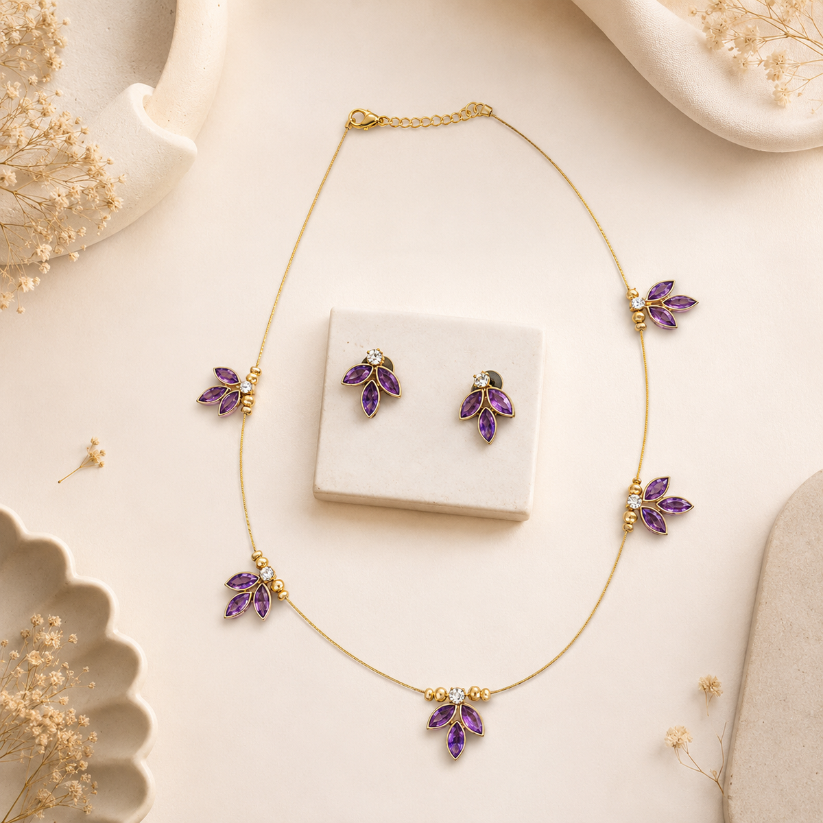 Gold Purple Crystal Leaf Station Necklace Set