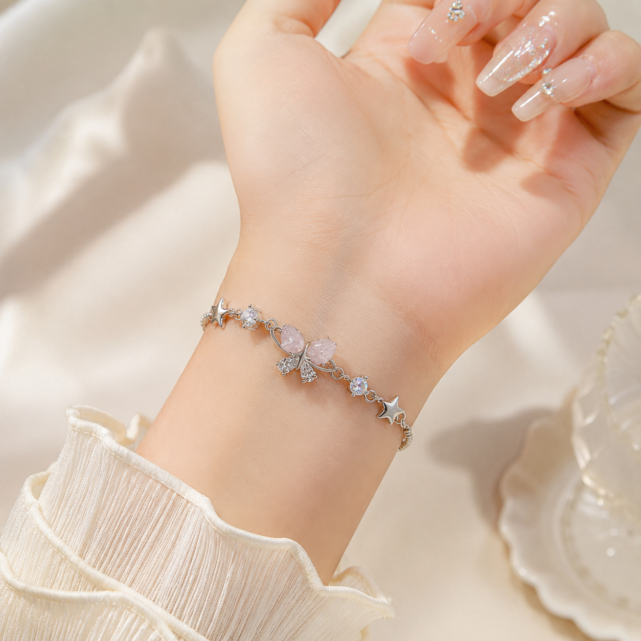 Pink Butterfly Crystal Bracelet | Silver Star Charm Bracelet for Women
