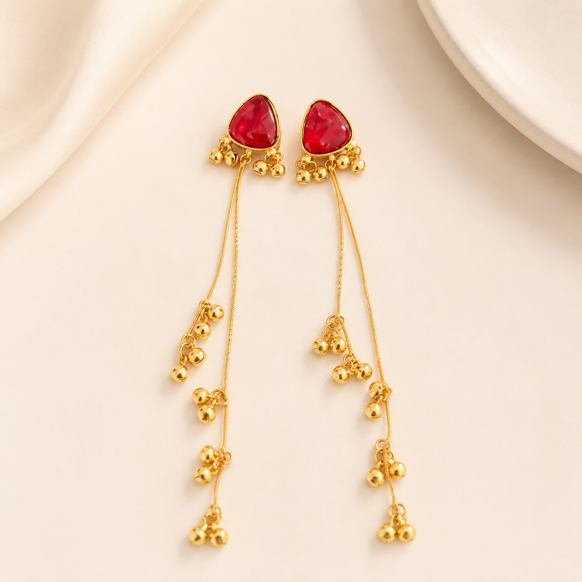 Gold Red Stone Cascading Chain Tassel Earrings