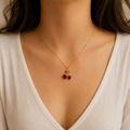 Red Crystal Cherry Necklace | Gold Heart Fruit Pendant for Women