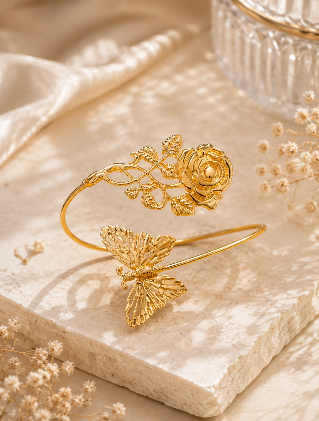 Gold Rose Butterfly Cuff Bracelet | Open Adjustable Statement Cuff