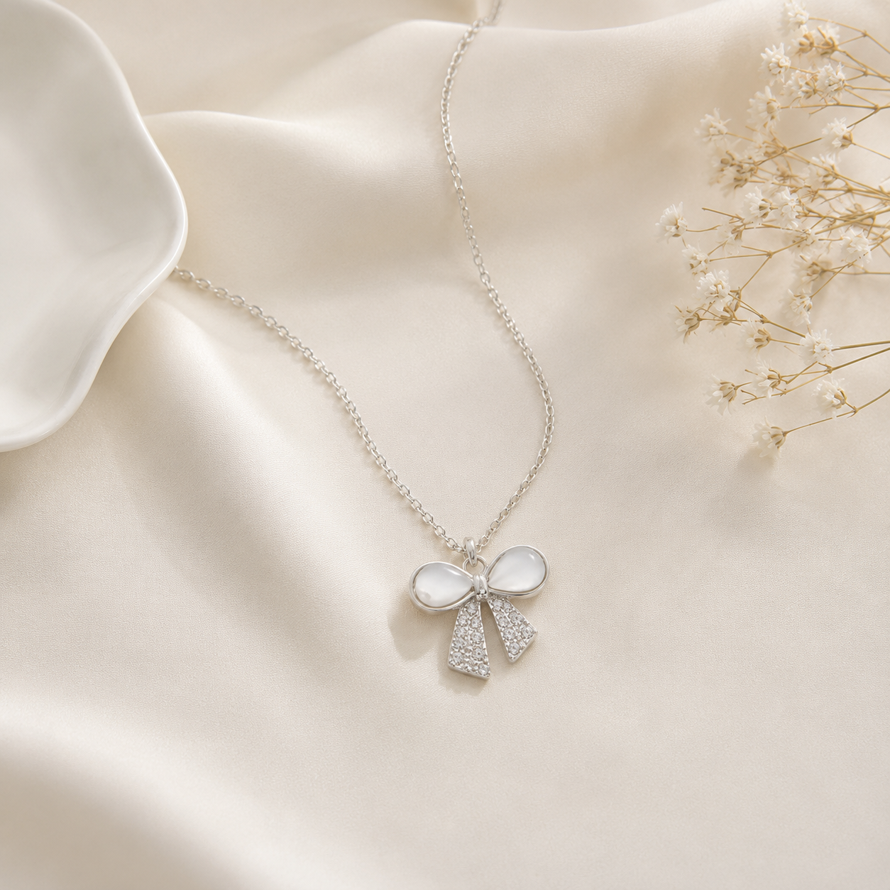 Pearl Bow Pendant Necklace | Silver CZ Ribbon Necklace for Women