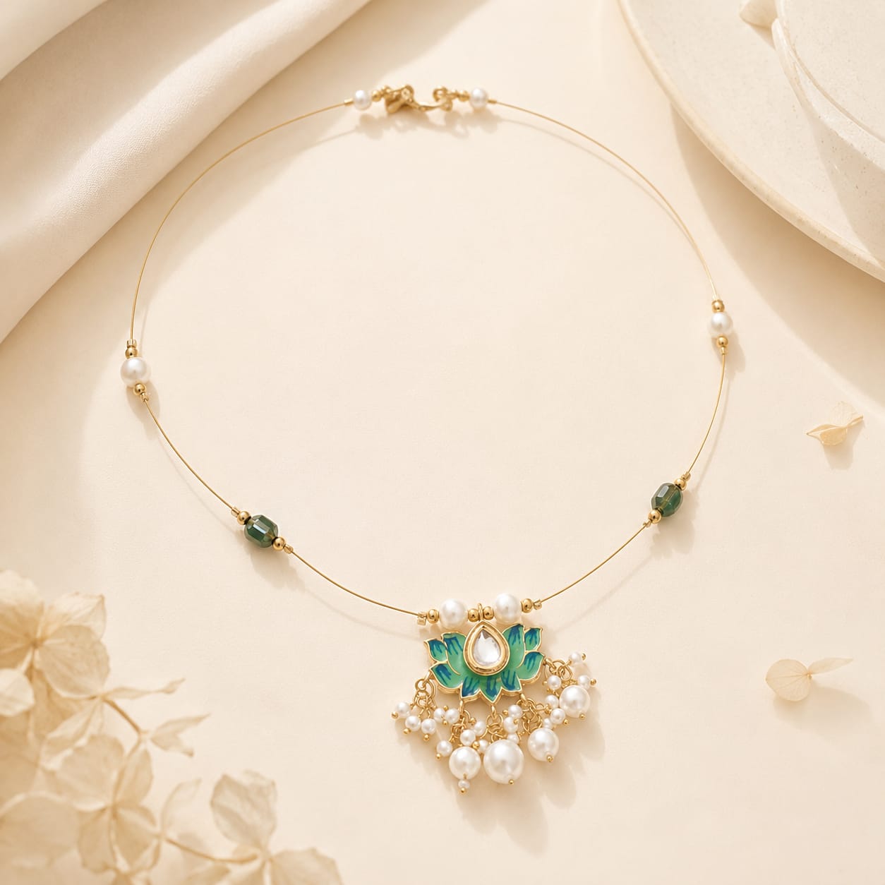 Gold Meenakari Lotus Pearl Pendant Wire Choker Necklace