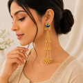 Gold Blue Green Enamel Crescent Layered Tassel Earrings