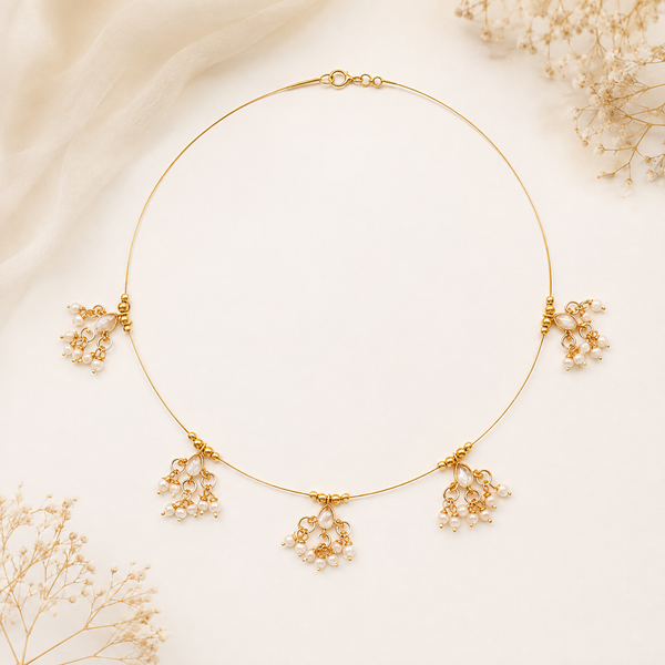 Gold Pearl Cluster Wire Choker Necklace with Kundan Drops