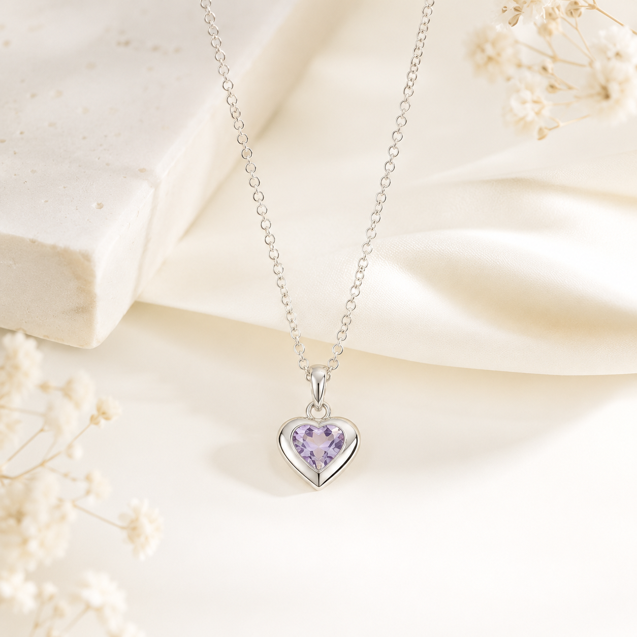 Birthstone Heart Pendant Necklace | Silver CZ Necklace for Women