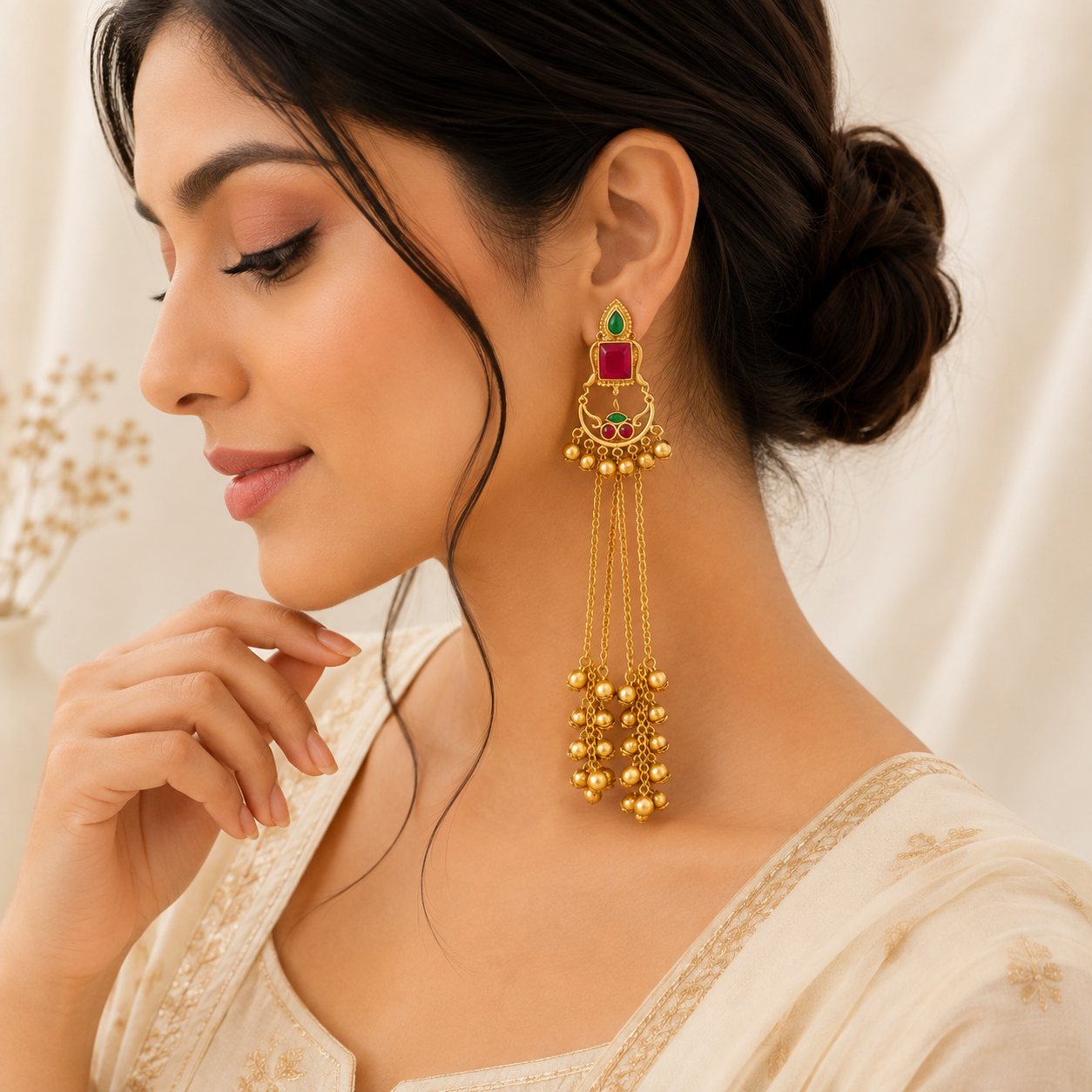 Antique Gold Ruby Green Stone Layered Tassel Earrings
