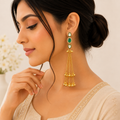 Gold Kundan Green Stone Long Chain Tassel Earrings