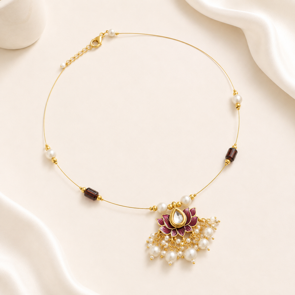 Gold Meenakari Lotus Pearl Pendant Wire Choker Necklace