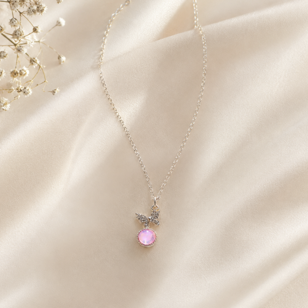 Butterfly Pink Opal Pendant Necklace | Silver CZ Chain for Women