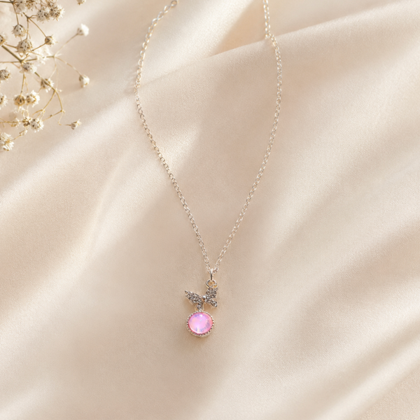 Butterfly Pink Opal Pendant Necklace | Silver CZ Chain for Women