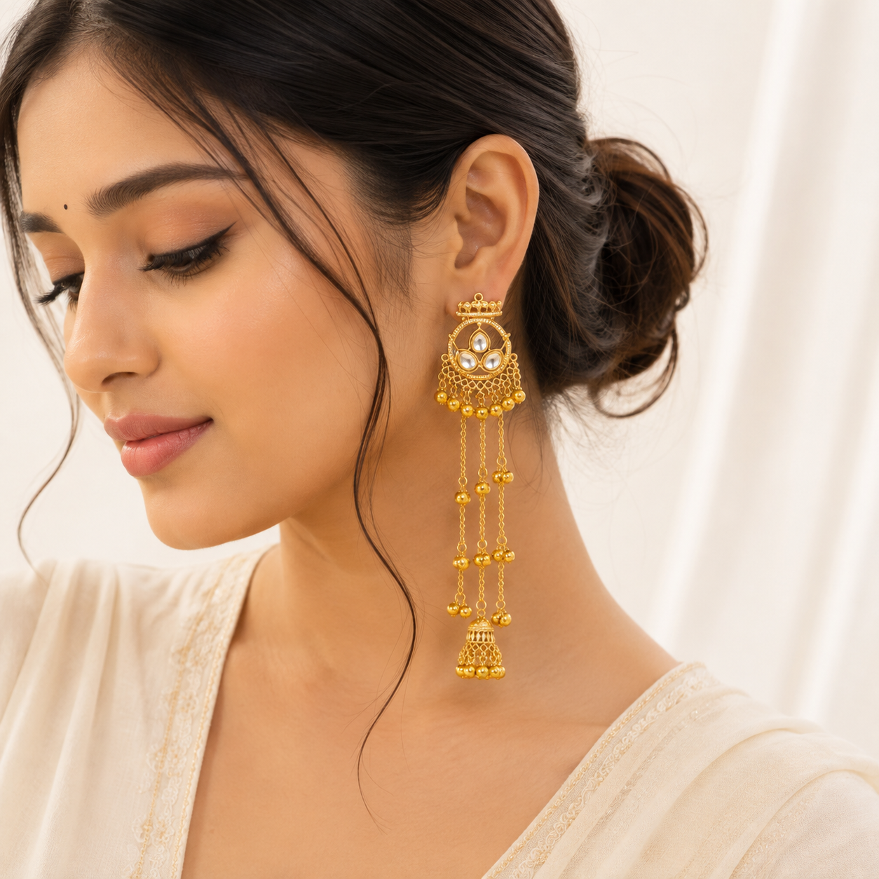 Kundan Jhumka Chain Drop Earrings | Long Bridal Statement for Women