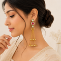Gold Kundan Meenakari Ruby Drop Long Chain Earrings