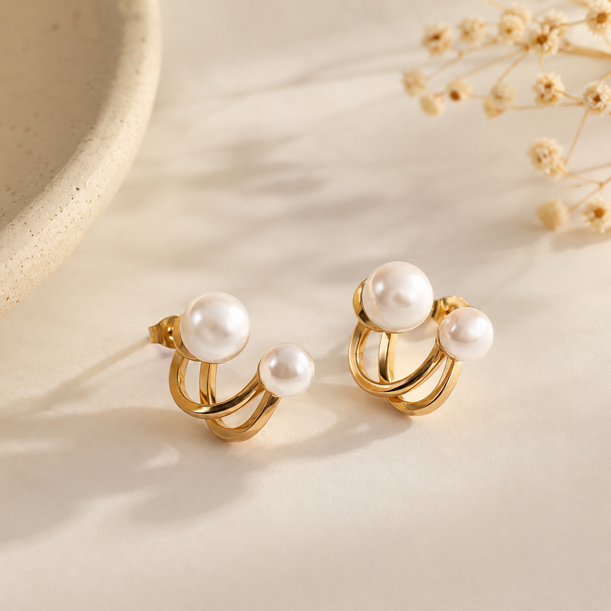 Double Pearl Ear Cuff Studs | Gold Curved Statement Earrings for Women