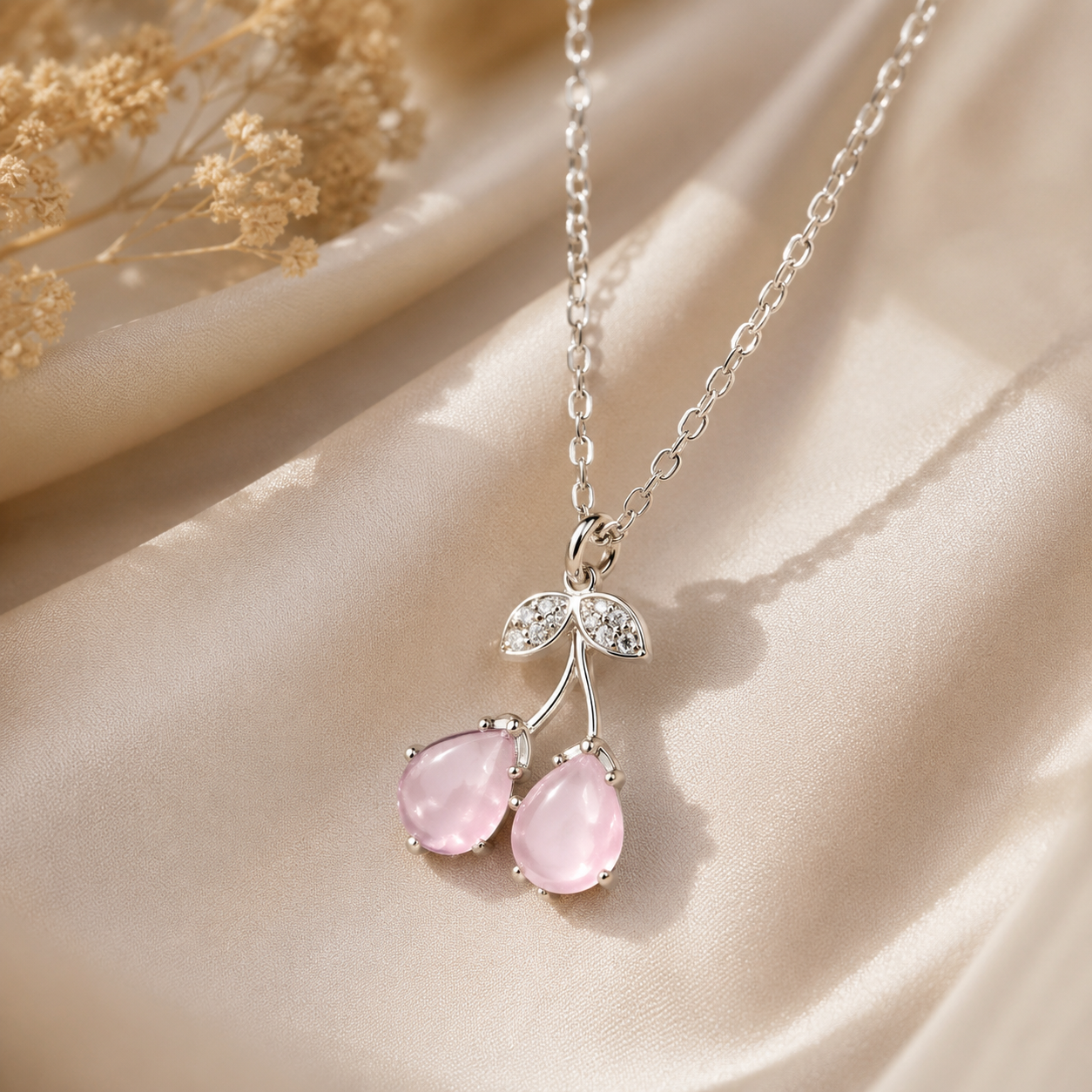 Pink Cherry Pendant Necklace | Silver Fruit Charm Necklace for Women