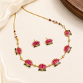 Gold Pink Lotus Enamel Multi Flower Necklace Set