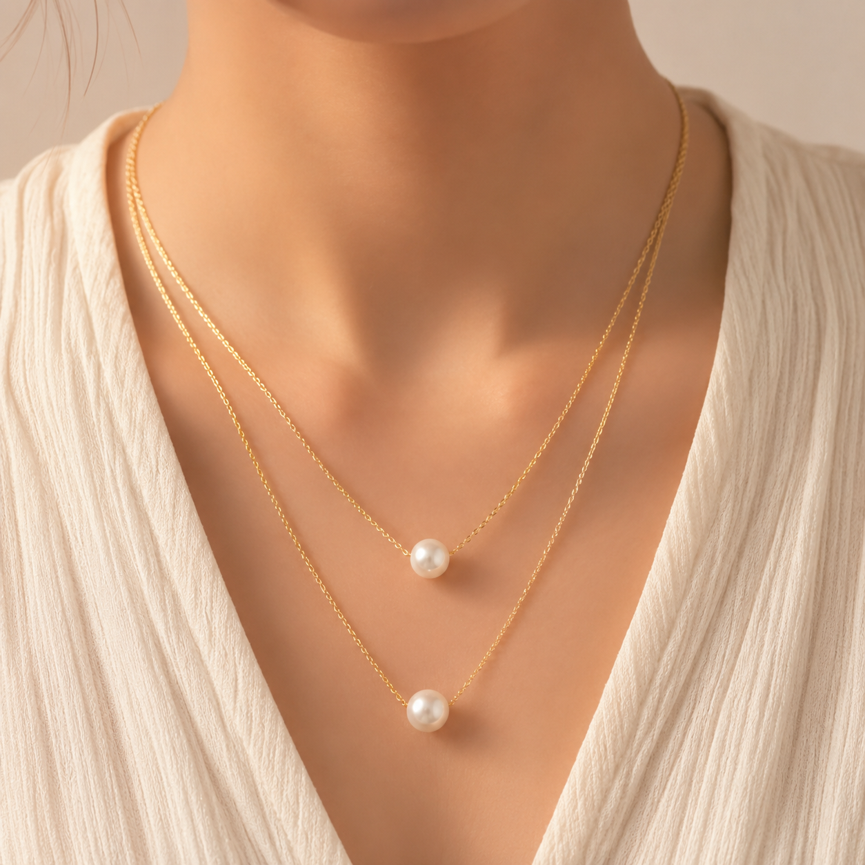 Layered Double Pearl Necklace | Gold Two Chain Necklace for Women