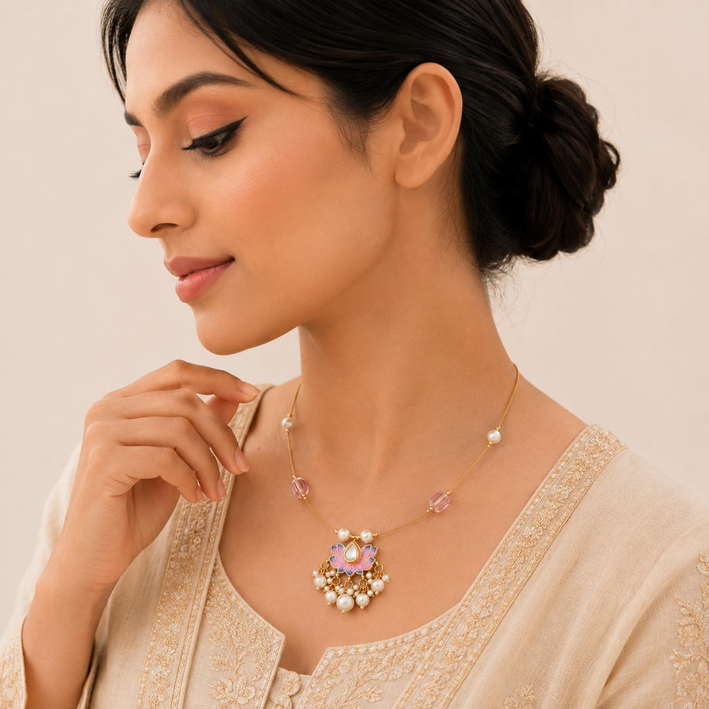 Gold Meenakari Lotus Pearl Pendant Wire Choker Necklace