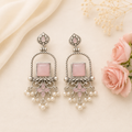 Oxidized Silver Pink Stone Jhumka Earrings | Ethnic Pearl Drop for Women