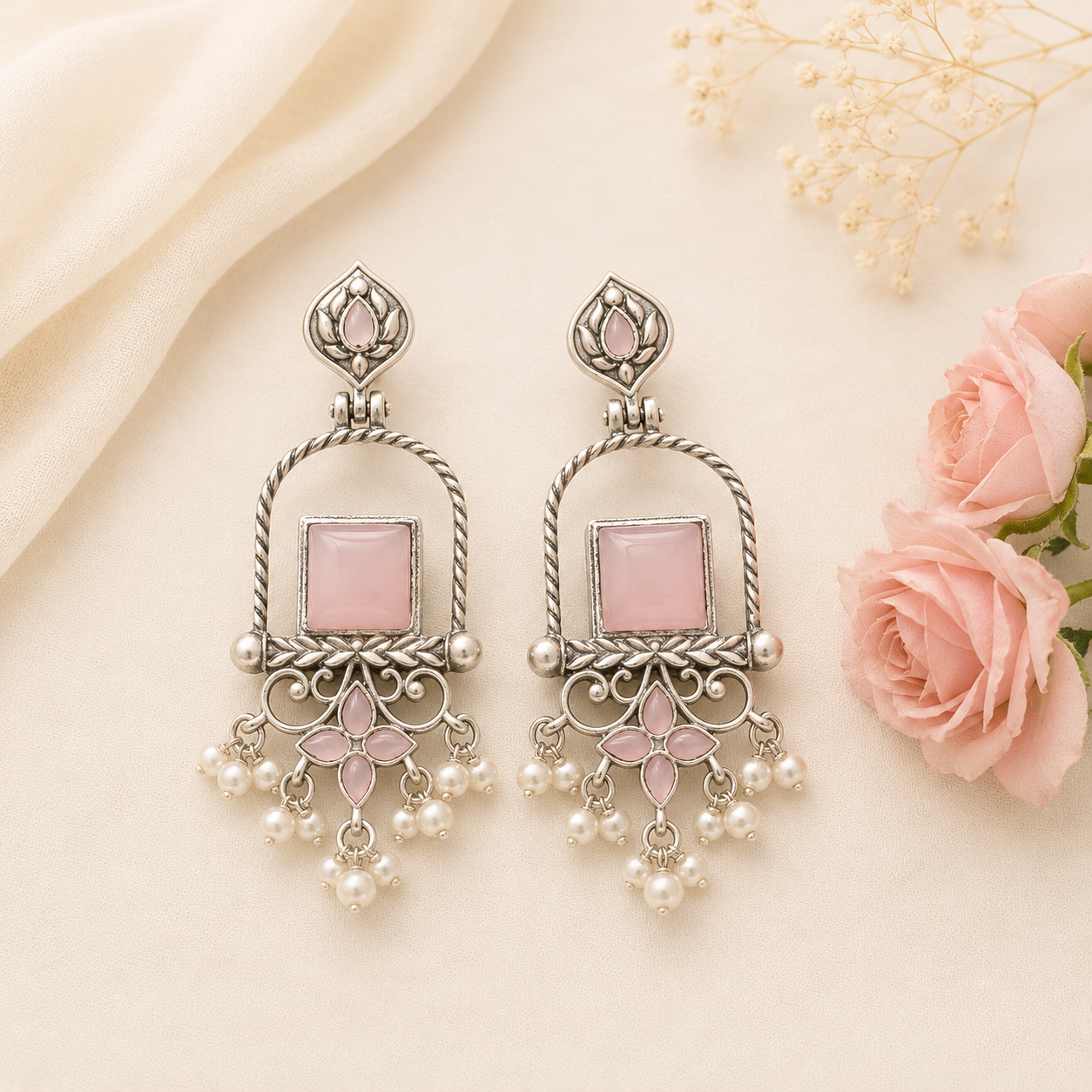 Oxidized Silver Pink Stone Jhumka Earrings | Ethnic Pearl Drop for Women