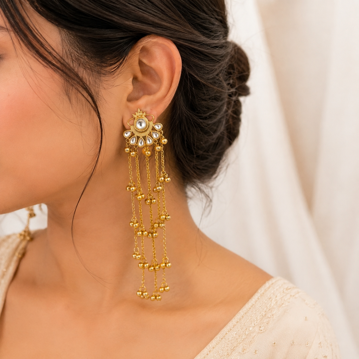 Kundan Gold Chain Tassel Earrings | Long Bridal Statement Earrings