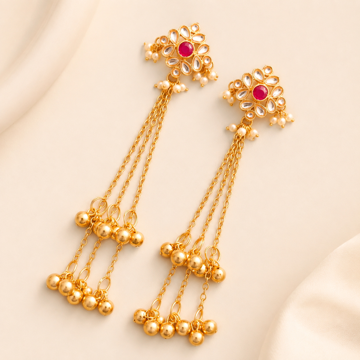 Gold Kundan Floral Ruby Long Chain Tassel Earrings