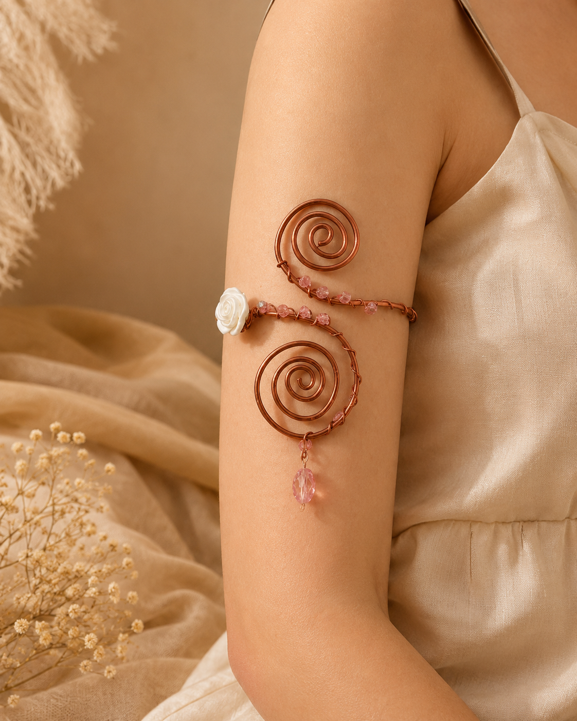 Handmade Copper Spiral Arm Cuff | Boho Wire Wrap Armlet for Women