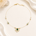 Gold Green Stone Lotus Pendant Wire Choker Necklace