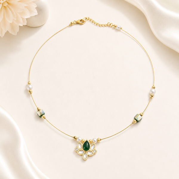 Gold Green Stone Lotus Pendant Wire Choker Necklace