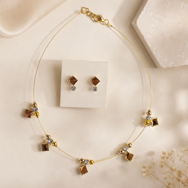 Gold Smoky Topaz Crystal Station Necklace Set