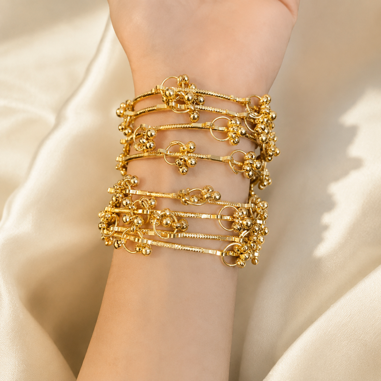 Gold Beaded Bangle Set of 8 | Textured Stack Bangles for Women