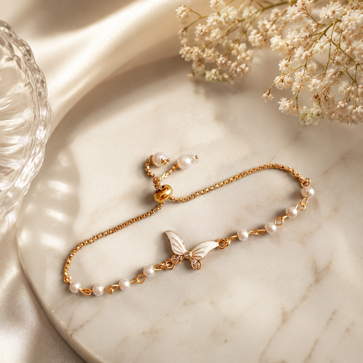 Pearl Butterfly Adjustable Bracelet | Gold Plated Chain Bracelet for Women