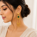 Antique Gold Green Stone Layered Draped Chandbali Earrings